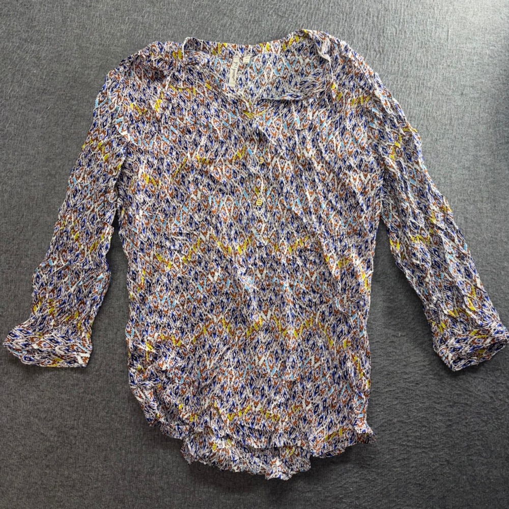 Grand & Greene Blue Geometric Ikat Print Long Sleeve Button Front Blouse XL